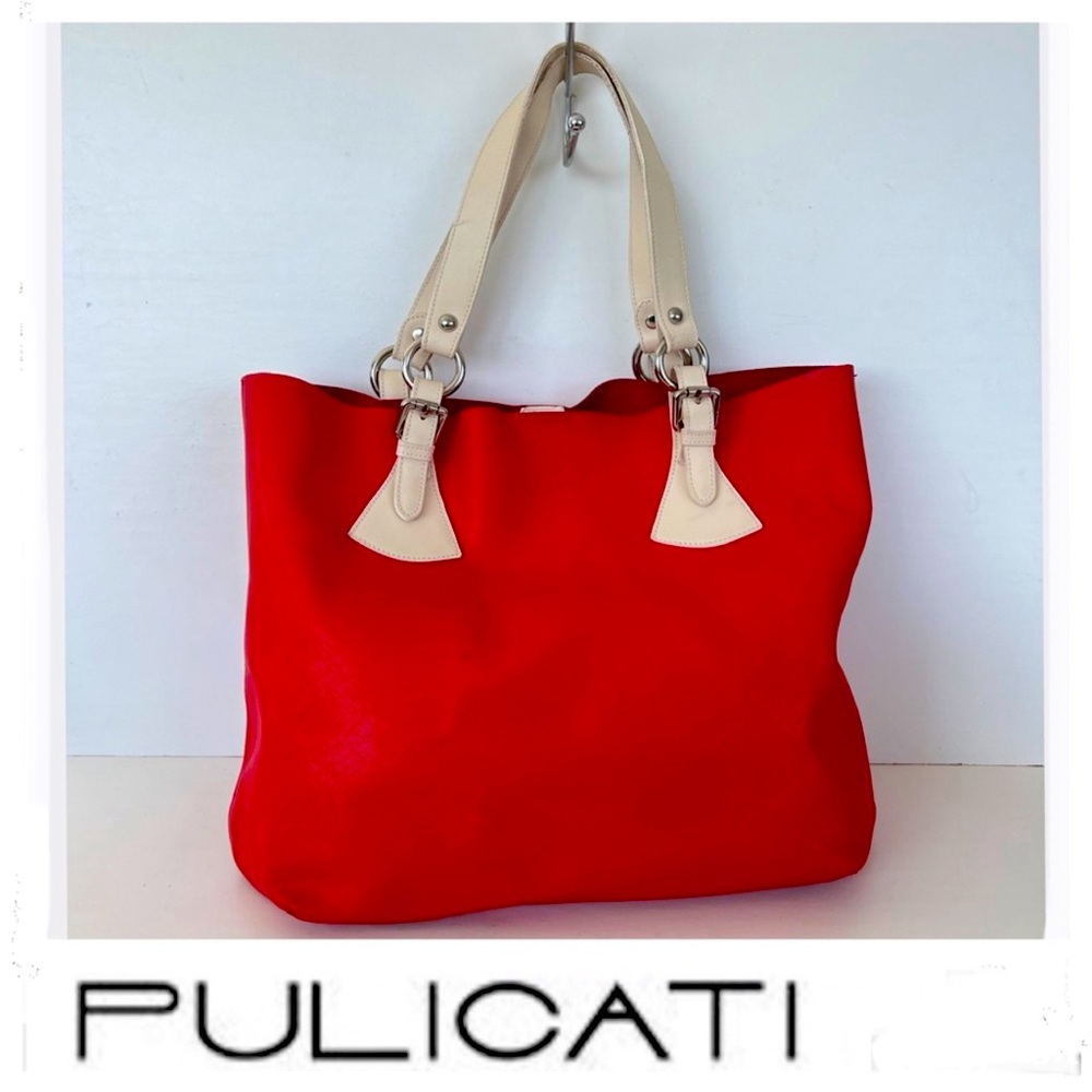 PULICATI Italy Red Leather Cream
Handles Large Shopping Shoulder Bag Tote